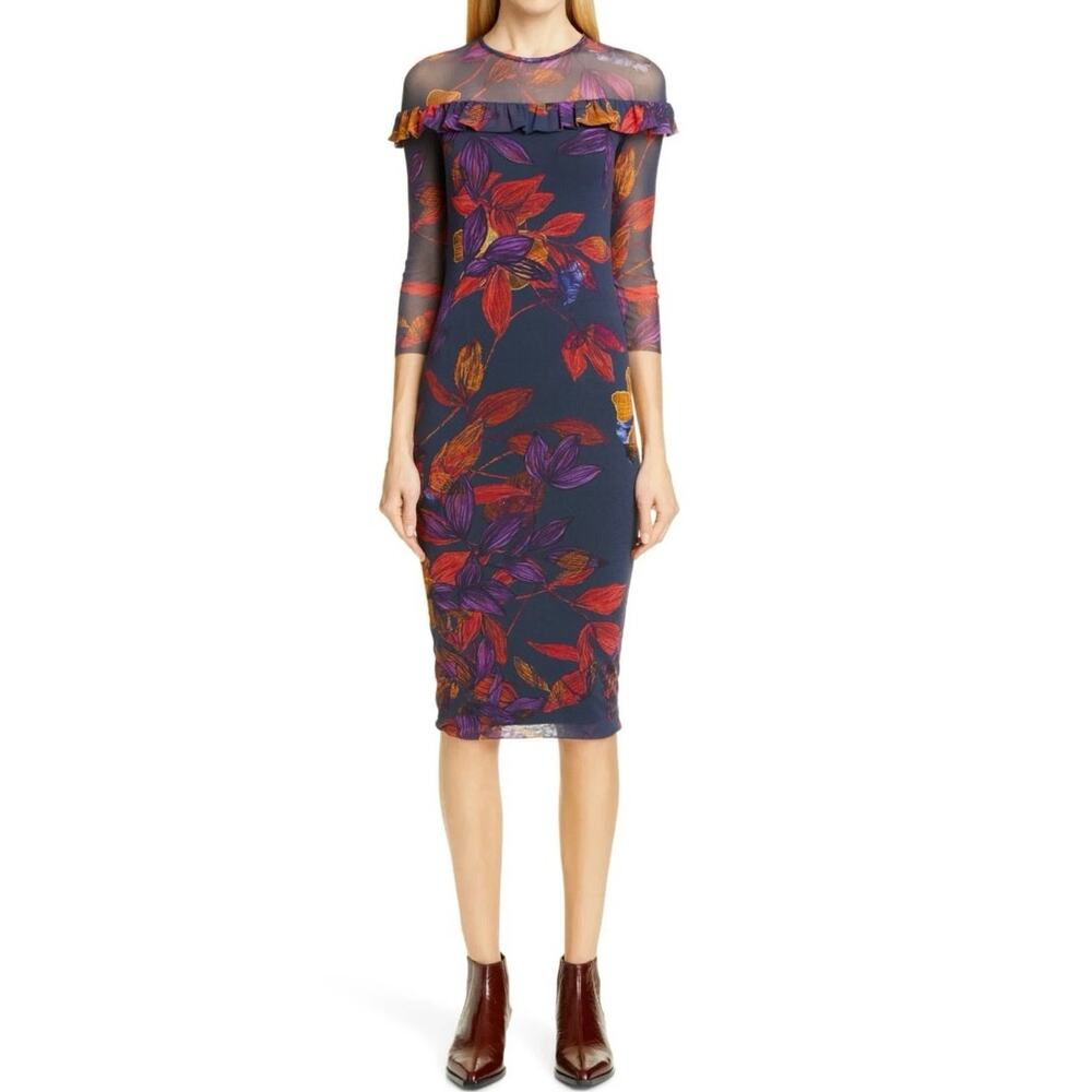 FUZZI Jean Paul Gaultier Floral Ruffle Trim Sheer Bodycon Mesh Midi Dress XS